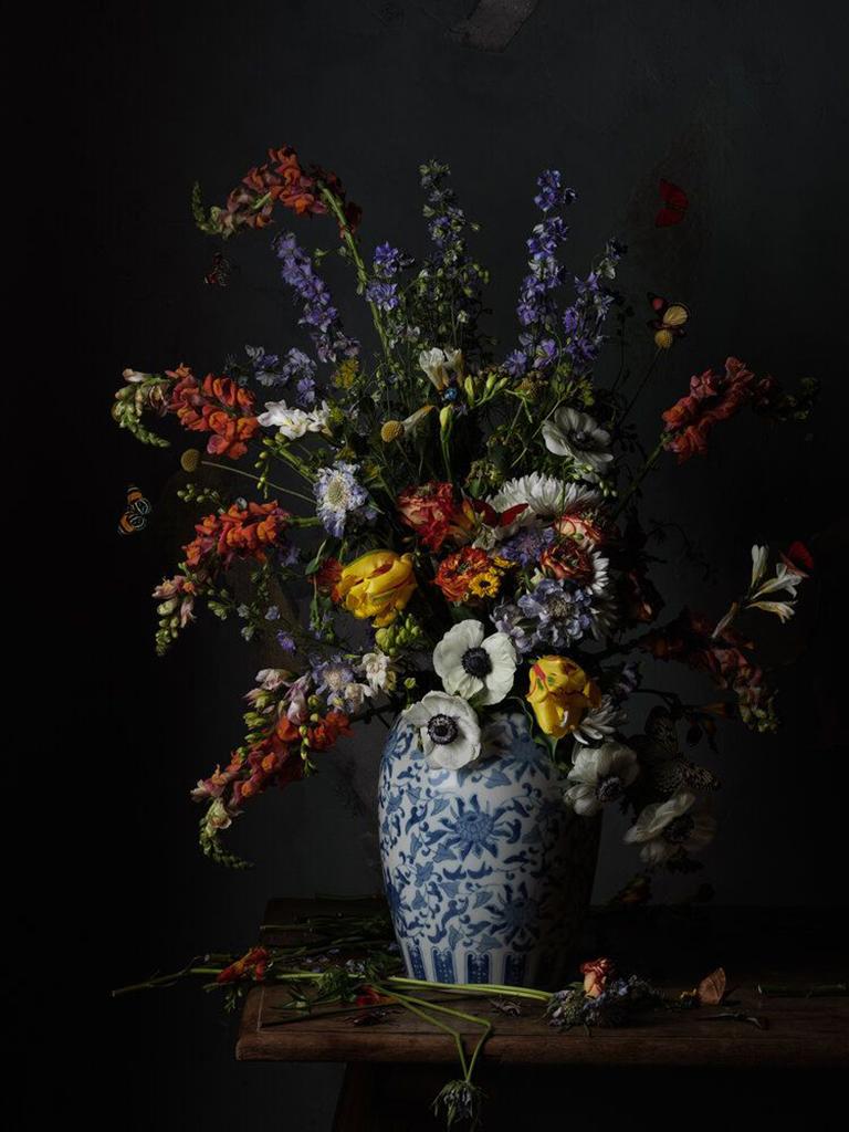 Claire Rosen Color Photograph - After Severin Roesen No. 0305 - Still life, flower bouquet blue & white vase