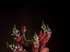Floral Still Life No. 1114 - Flower bouquet in gilded vase with plums & crab