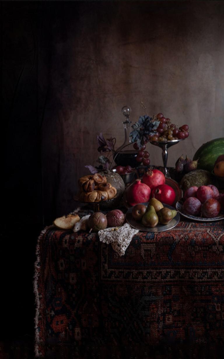 Table No. 1534 - Still life w/ fruit & vegetable spread, grapes, cheese, tulips - Photograph by Claire Rosen