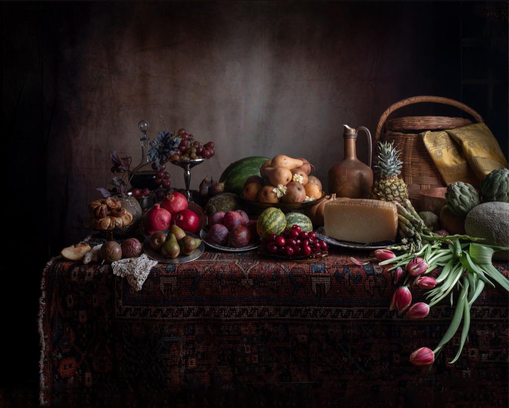 Claire Rosen Color Photograph - Table No. 1534 - Still life w/ fruit & vegetable spread, grapes, cheese, tulips