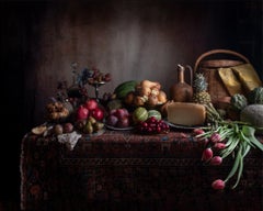 Table No. 1534 - Still life w/ fruit & vegetable spread, grapes, cheese, tulips