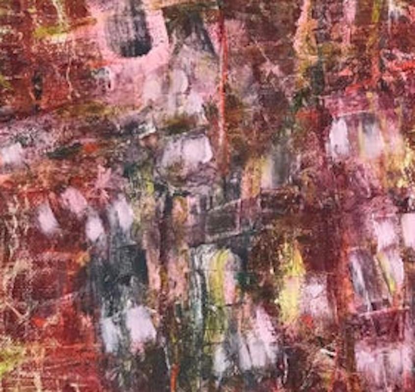 ‘Heart Throb’ expressionistic abstraction in pinks, yellow and black  - Abstract Painting by Claire Seidl