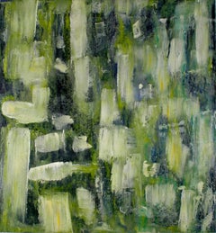  On That Note', abstract vertical and horizontal strokes in greens and yellows