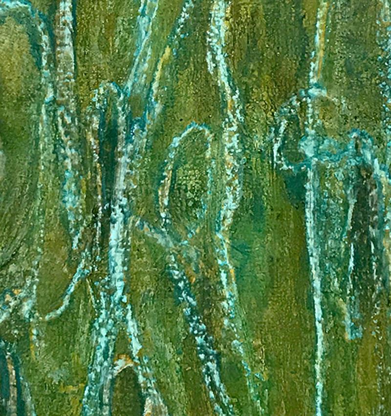  ‘The Living Daylights’, expressionistic abstraction in turquoise and green - Gray Abstract Painting by Claire Seidl