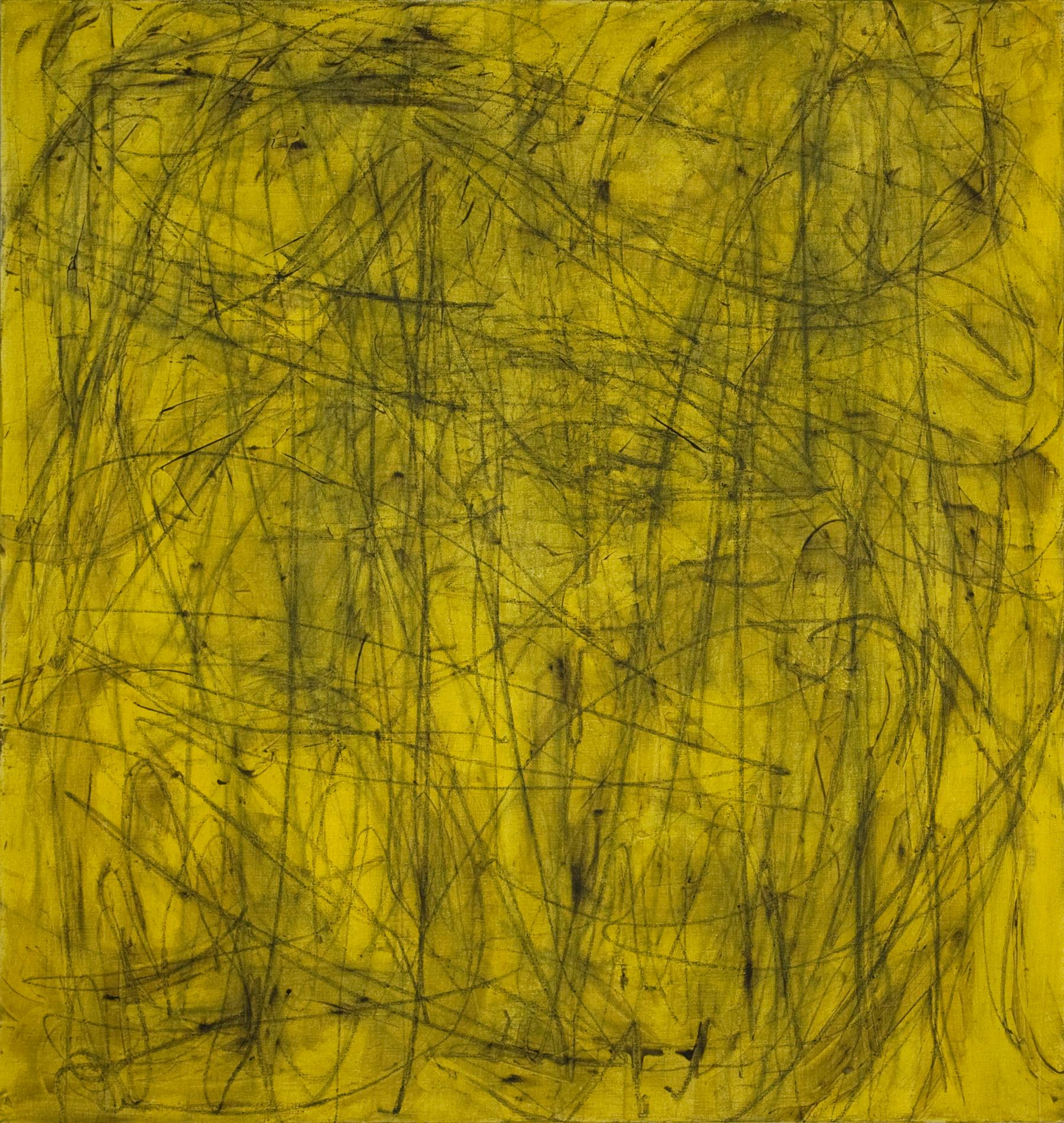 ‘What Do You Mean What Do I Mean’, expressive abstraction in transparent yellow - Painting by Claire Seidl