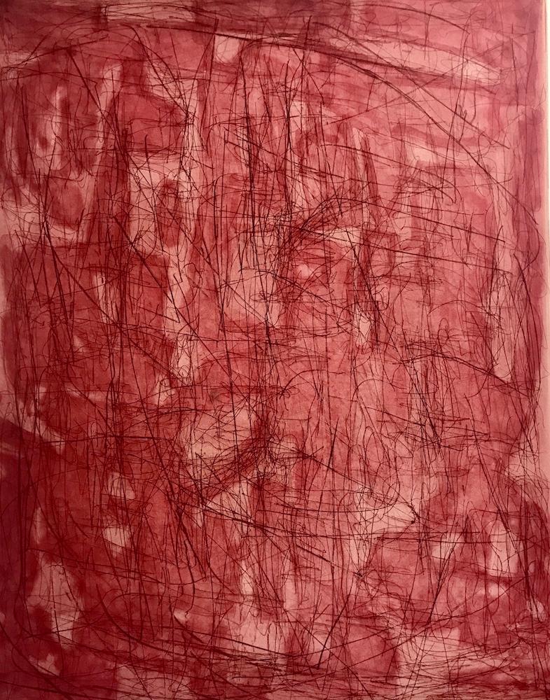 Claire Seidl Abstract Print - "Otherwhere (Geranium)", abstract etching, aquatint monoprint, pink, red tones.