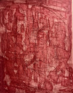 "Otherwhere (Geranium)", abstract etching, aquatint monoprint, pink, red tones.