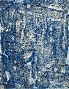 "Otherwhere (Prussian)", abstract etching, aquatint print, layered blues, grays.