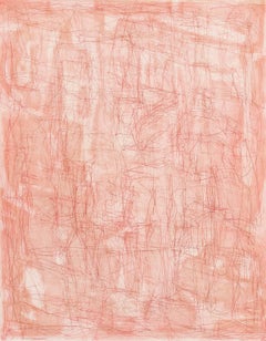 "Otherwhere (Rose Madder)", abstract linear monoprint, layer pale pinks, red.