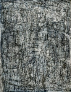 "Otherwhere (Tarlatan)", abstract etched monoprint, layered blue, grey, black.