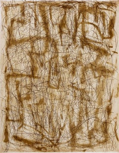 umberline "Umber Line and Ghost", abstract linear etched monoprint, burnt umber, sepia.