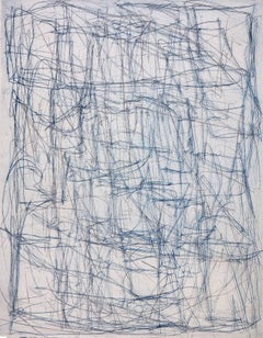 "What Is Was (Long Exposure)", abstract linear etching monoprint, blues, greys.