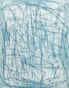 "What Is Was (Turquoise)", abstract linear etched monoprint, layered blues.