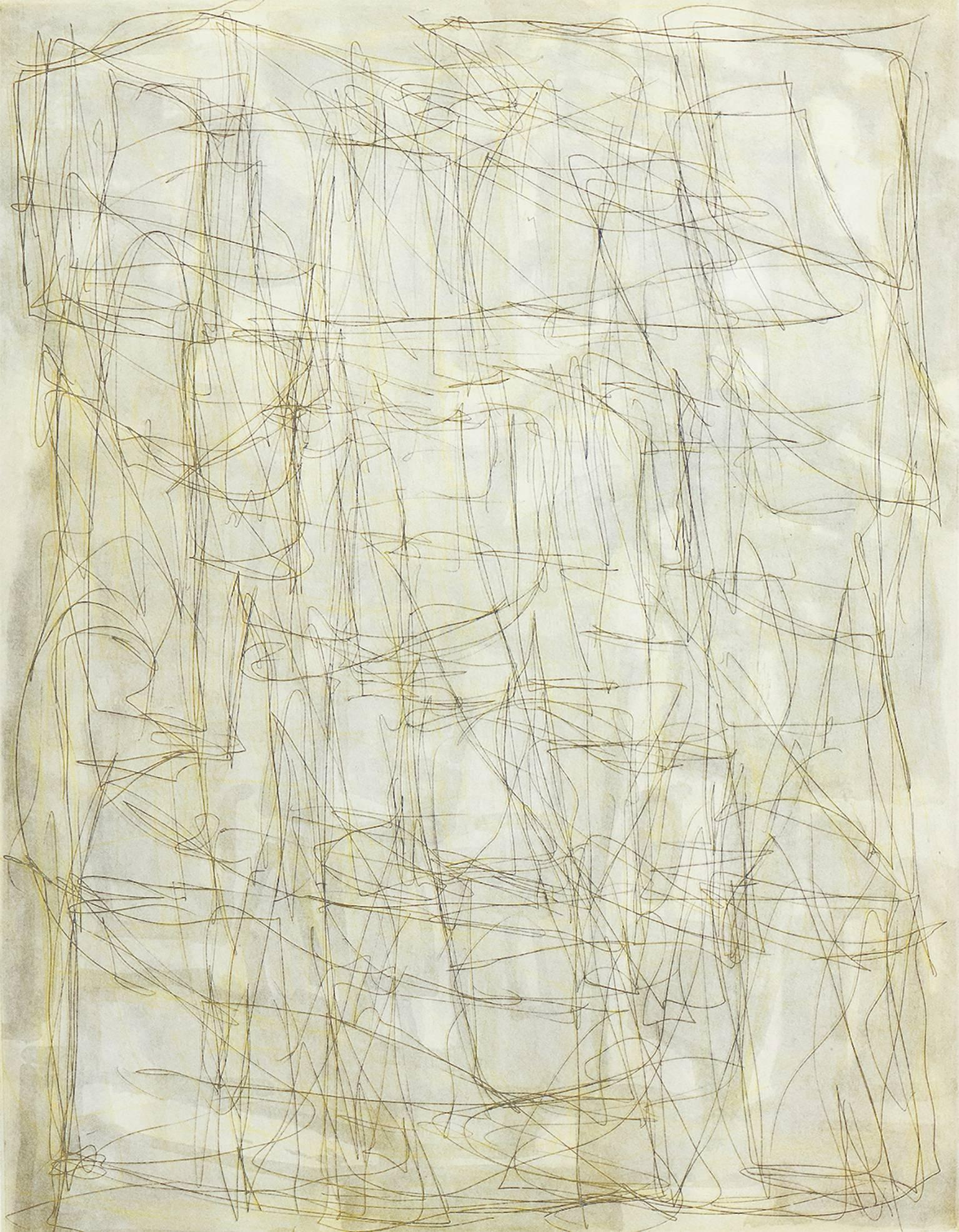 Claire Seidl Abstract Print - White Lies, abstract linear etching, aquatint, monoprint, silver, gray, yellow.