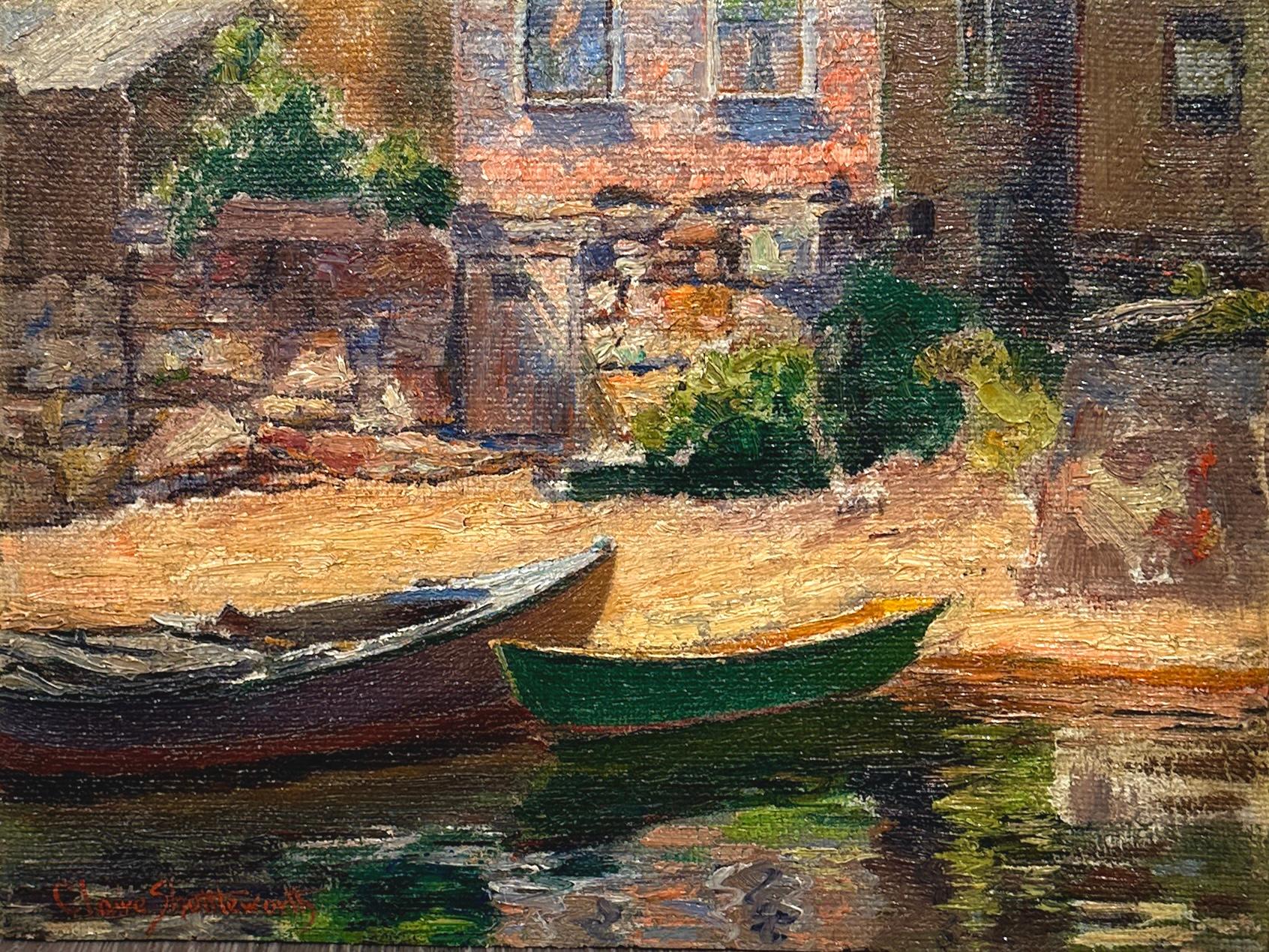 Dieses intime Ölgemälde mit dem Titel "Harbor Scene, Rockport" stammt von der amerikanischen Künstlerin Claire Shuttleworth (1867-1930), die schon früh zu den Kunstkolonien von Rockport und Cape Ann beitrug. Die Komposition zeigt kleine Boote, die