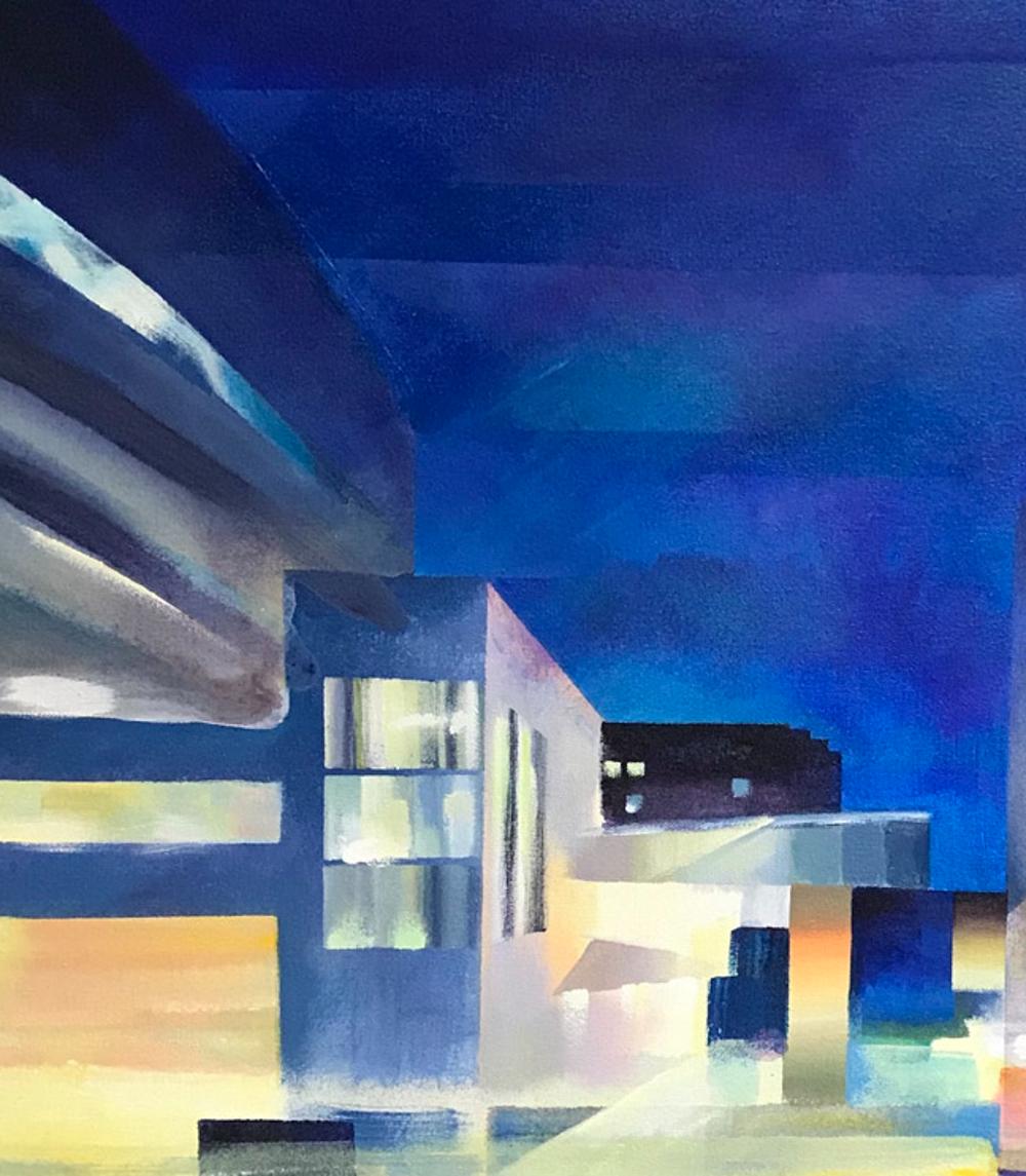 Night Bridge II - Colour Rich Urban Landscape, Acrylic on Canvas - Painting by Claire Smith