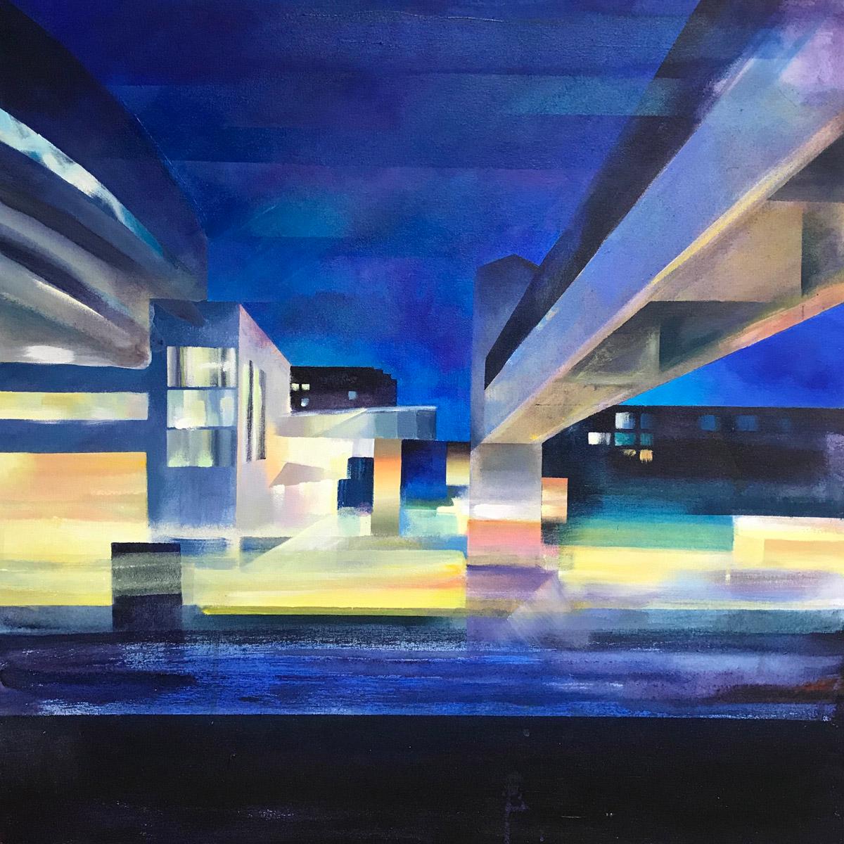 Claire Smith Landscape Painting - Night Bridge II - Colour Rich Urban Landscape, Acrylic on Canvas