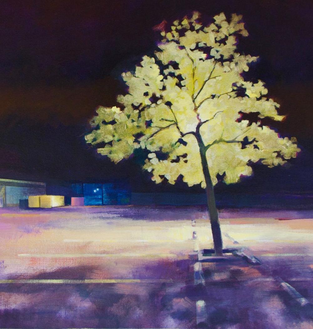 Nachtbaum I – farbige urbane Stadt mit Baum, Acryl auf Leinwand (Zeitgenössisch), Painting, von Claire Smith