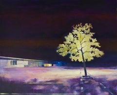 Tree de nuit I - Ville urbaine riche en couleurs avec arbre, peinture à l'acrylique sur toile
