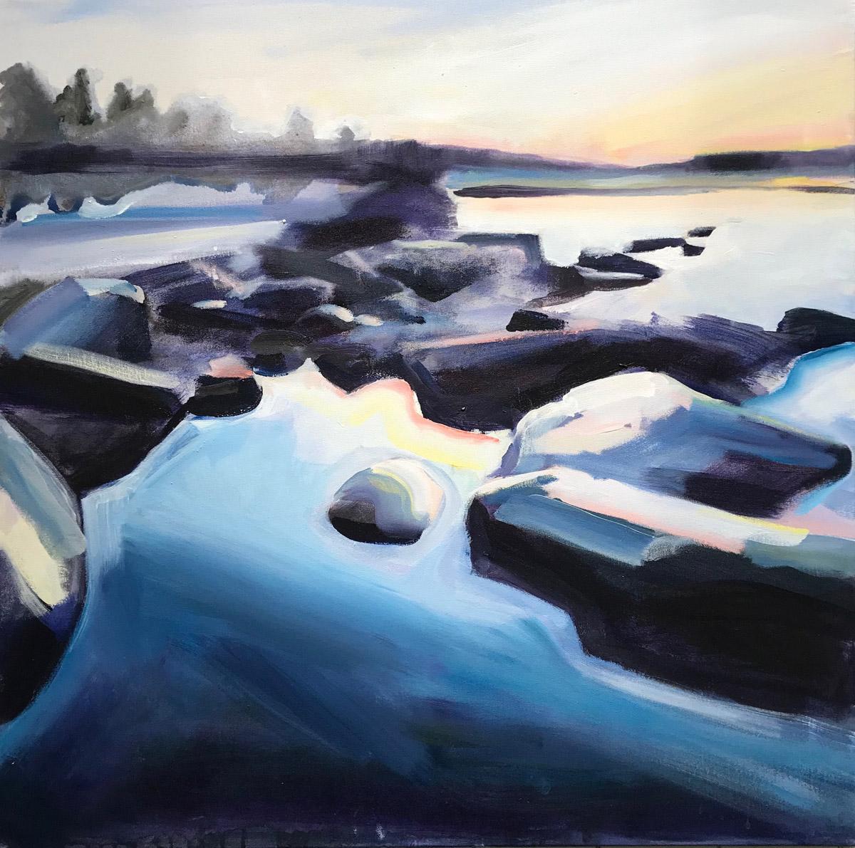 Claire Smith Landscape Painting - Rock, Late Afternoon - Norwegian Rockpool / Seascape, Acrylic on Canvas