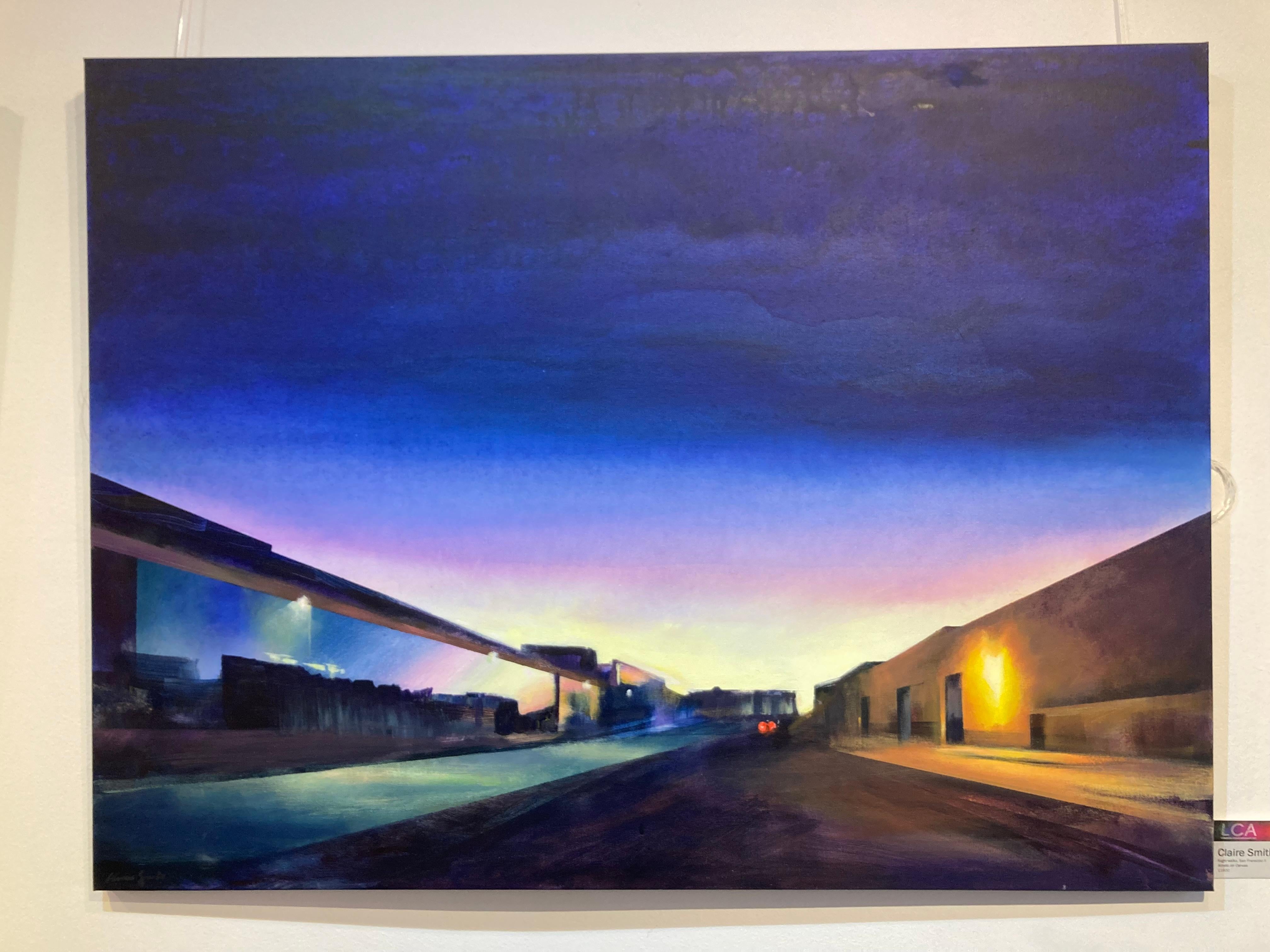 Atardecer, San Francisco I - Paisaje urbano rico en color, acrílico sobre lienzo - Painting de Claire Smith