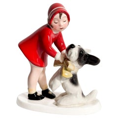 Claire Weiss Goldscheider Ceramic Figurine of Little Girl with Terrier 1930s