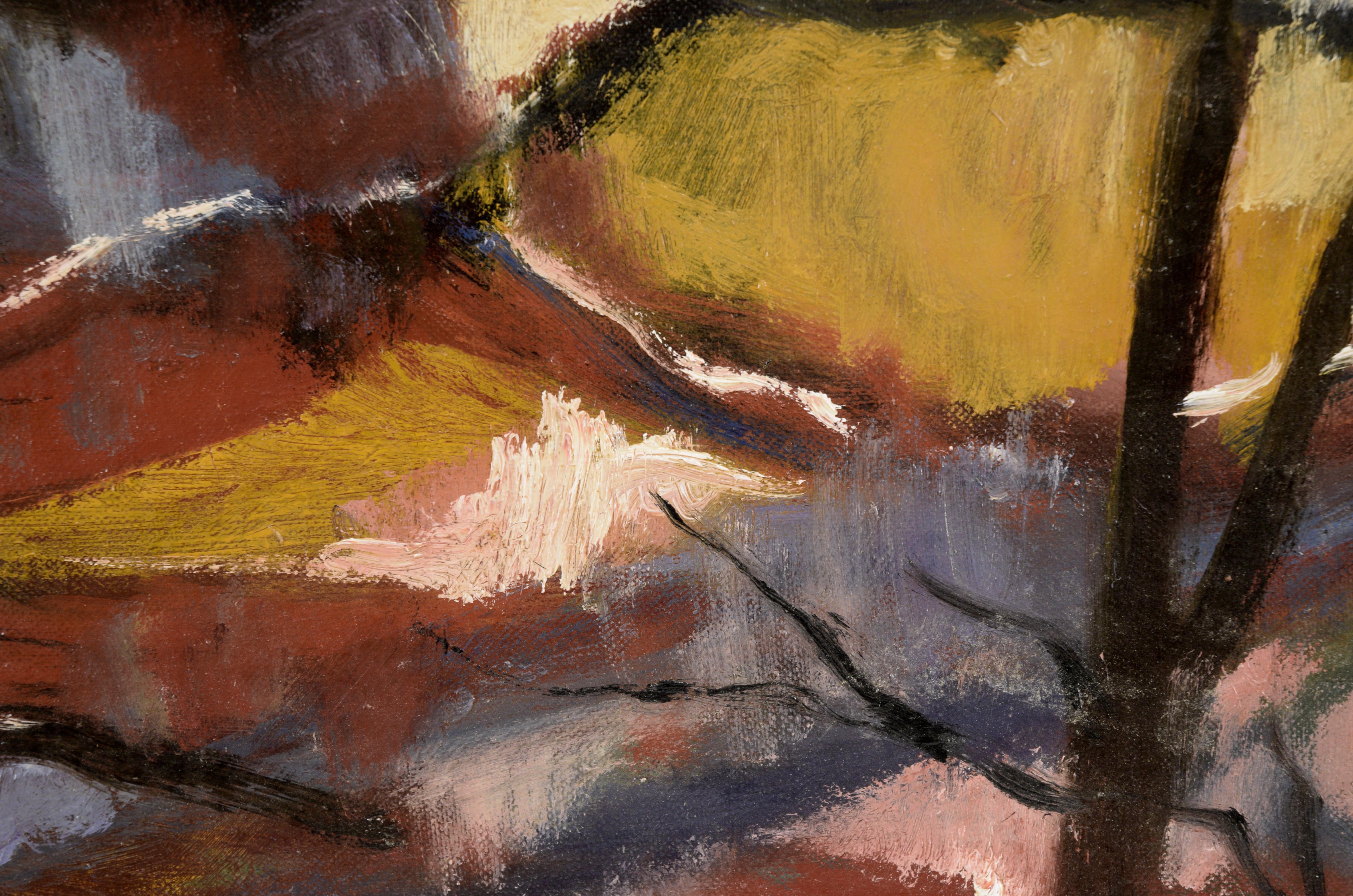 Paesaggio autunnale astratto di Claire Weist (americana, 1930-2014). Alberi e rami spogli attraversano la composizione, creando un contrasto tra linee scure e colori vivaci. I rossi e i gialli caldi riempiono gli spazi tra gli arti. Al di là del