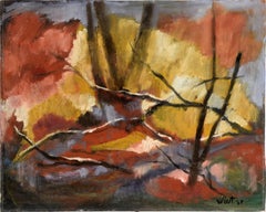 « Autumn Nocturne » - Paysage forestier abstrait à l'huile sur panneau d'artiste