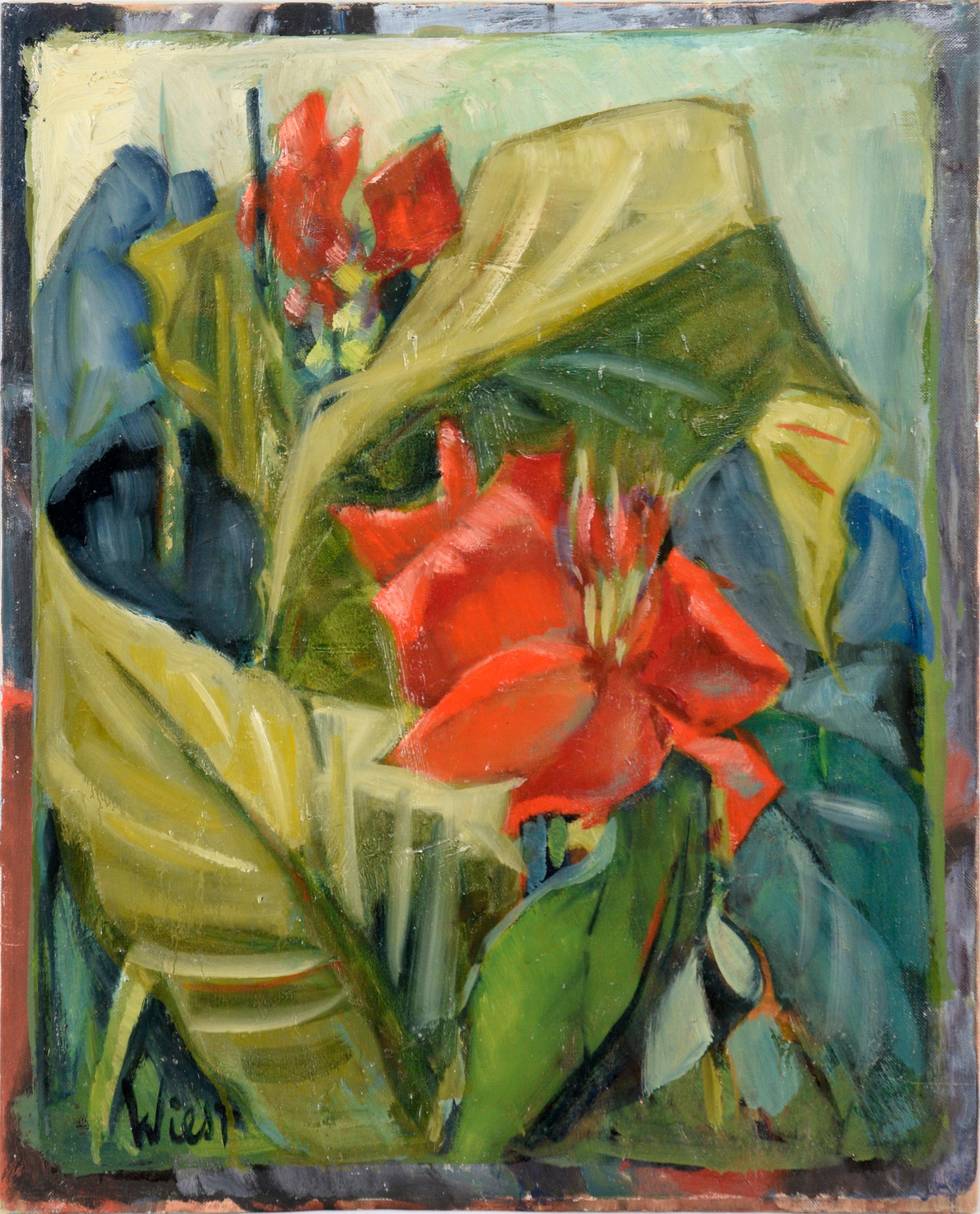 "Canna Lilies" - Nature morte moderniste à l'huile sur carton d'artiste