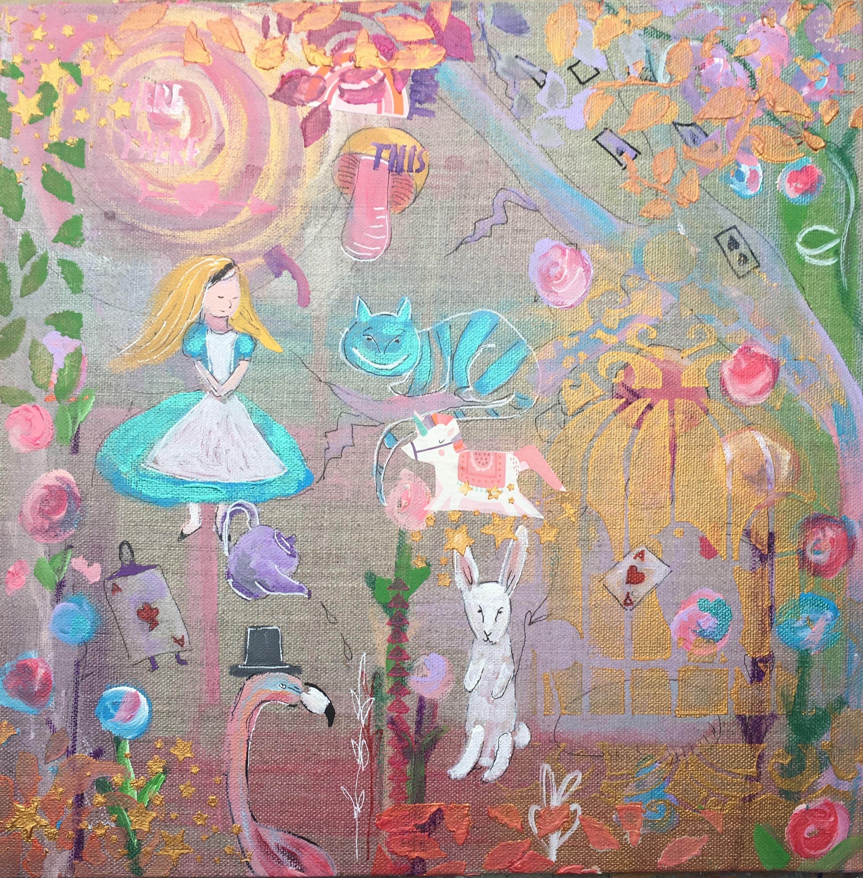 Alice, Original illustration on raw linen, stencils and metallic paints  - Art by Claire Westwood