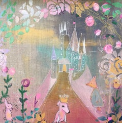 Castle in the Distance, Square, Raw Linen, Canvas, flowers in Stencil in gold 