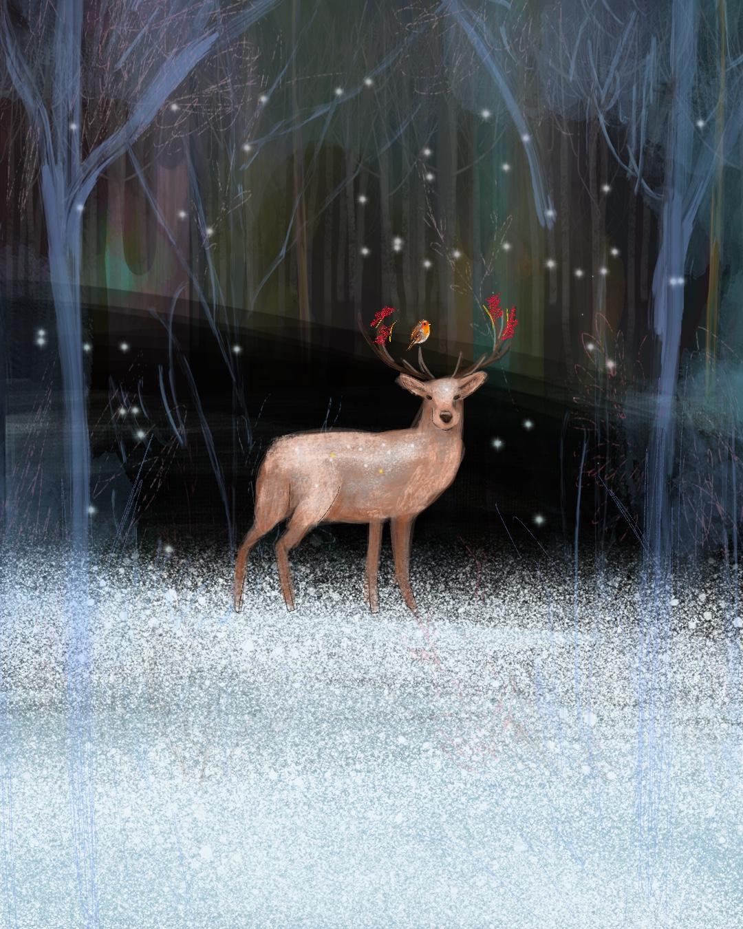 Christmas Deer xmas scene red robin diamond dust signed woods now signed print - Art by Claire Westwood