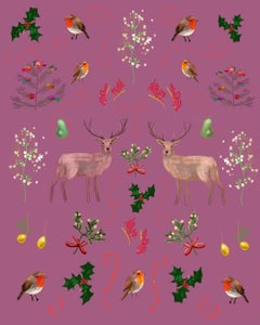 Deer Pattern mistletoe holly red robin berries  xmas colours pear print