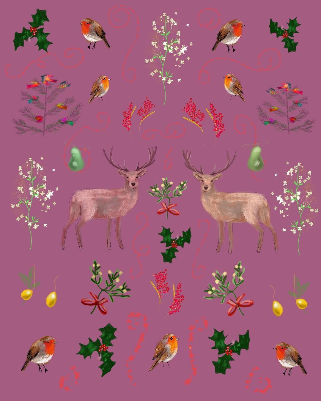 Claire Westwood Landscape Painting - Deer Pattern mistletoe holly red robin berries  xmas colours pear print