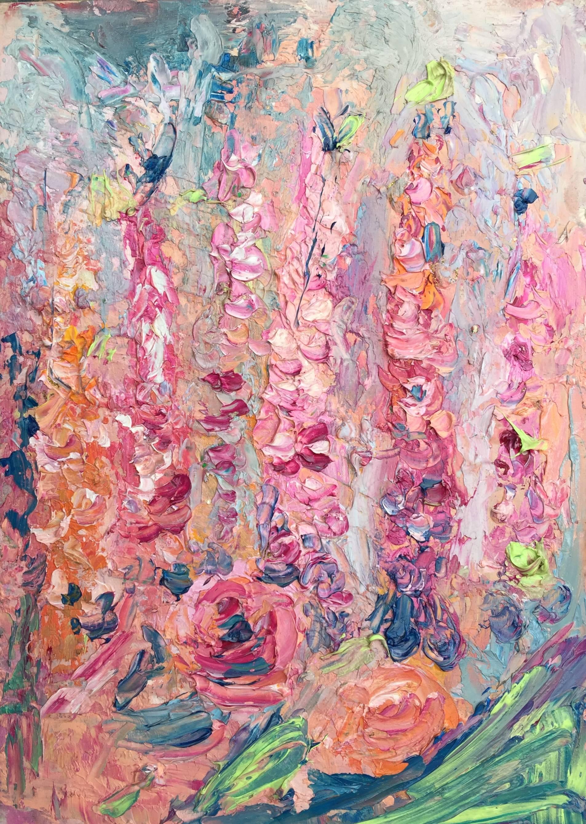 Claire Westwood Landscape Painting - Foxgloves, Original, Acrylic Oil Paint, Canvas Board, Flowers, Abstract, Signed