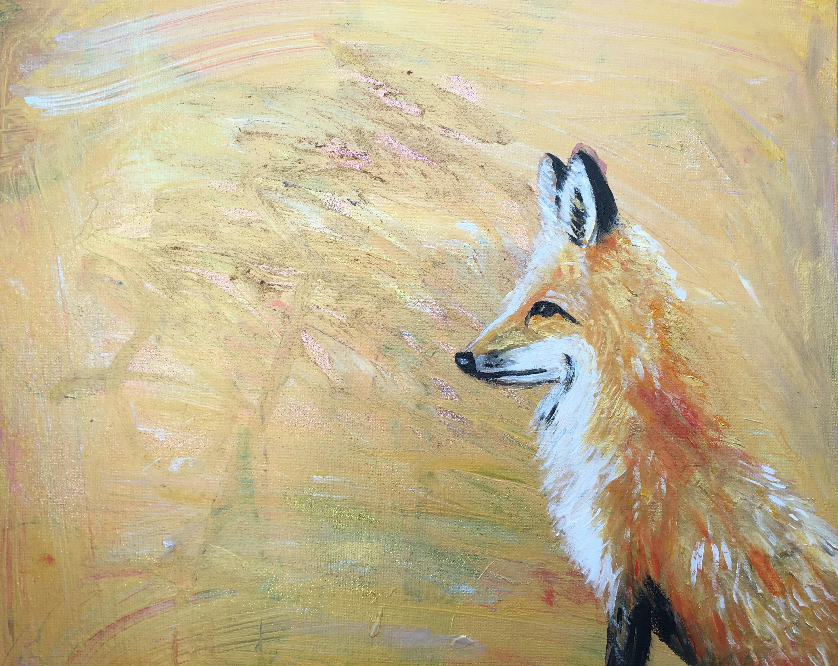 Golden Fox Oil Paint on Canvas Original, Signed, Childrens Illustrator  - Art by Claire Westwood
