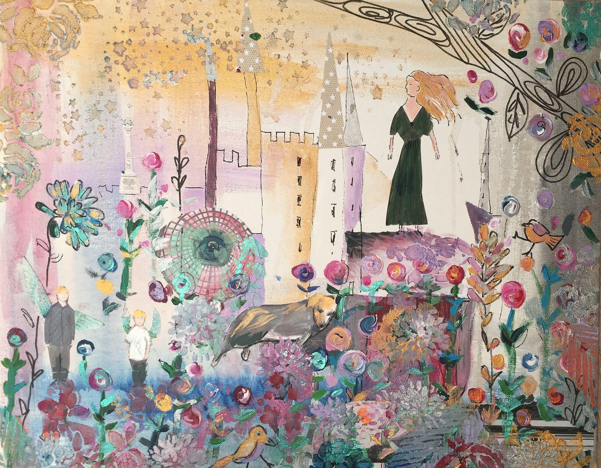 My Day, fantasy land, wonderful flowers, lady, layers of paints stencil, collage - Art by Claire Westwood