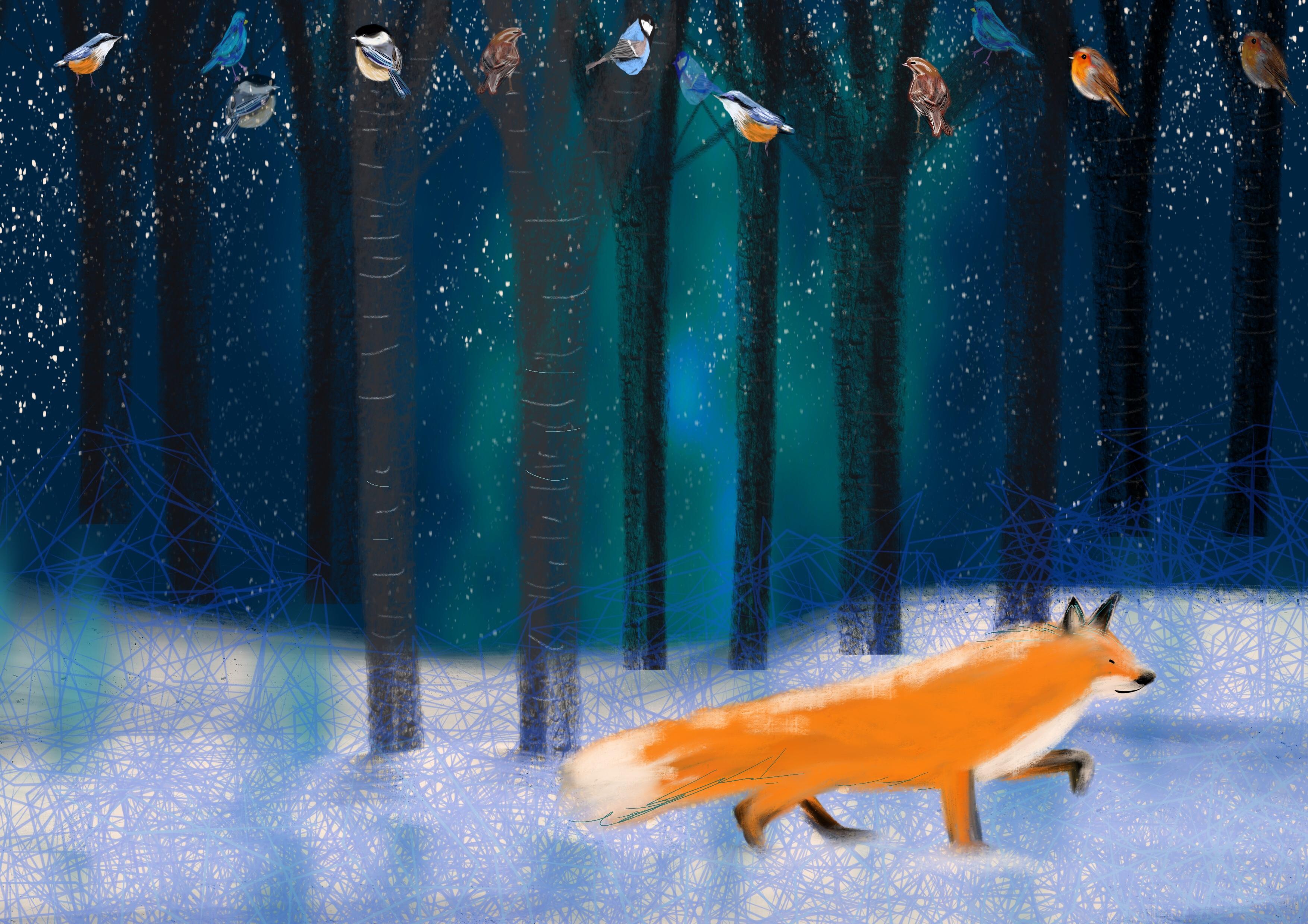 Night Fox, signed, original, vibrant, great reviews, christmas - Art by Claire Westwood