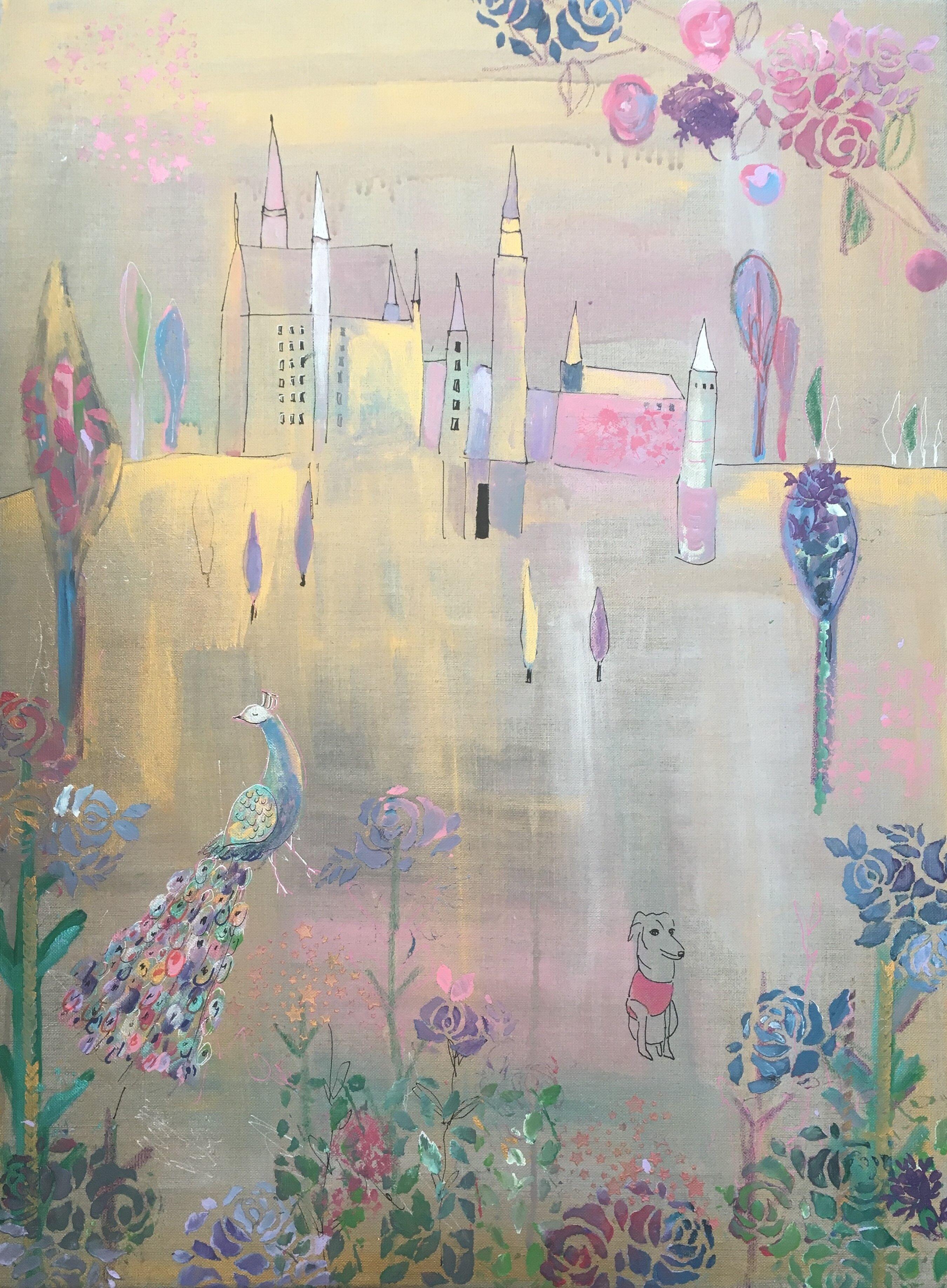 Peacock and castle raw linen canvas, gold and metallic blues and pinks. signed  - Art by Claire Westwood