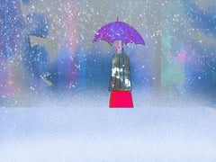 Snowy Day Limited edition print of 200 blue purple girl umbrella in snow signed 