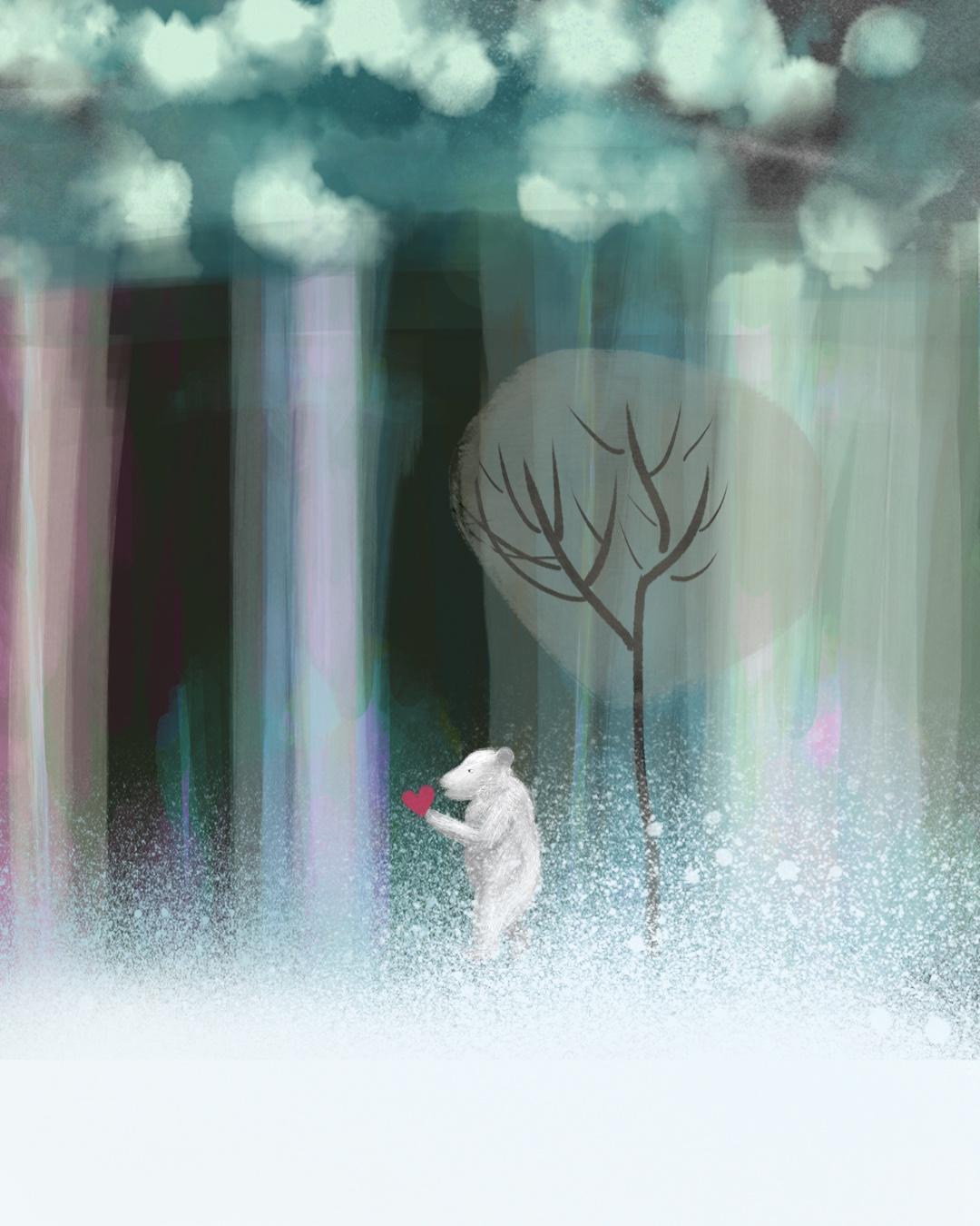 Snowy Wood xmas scene, gift signed angelic scene white polar bear in the snow - Art by Claire Westwood