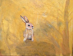 Tiny Original, Bunny on Canvas, golden hue, childrens illustrator Signed 