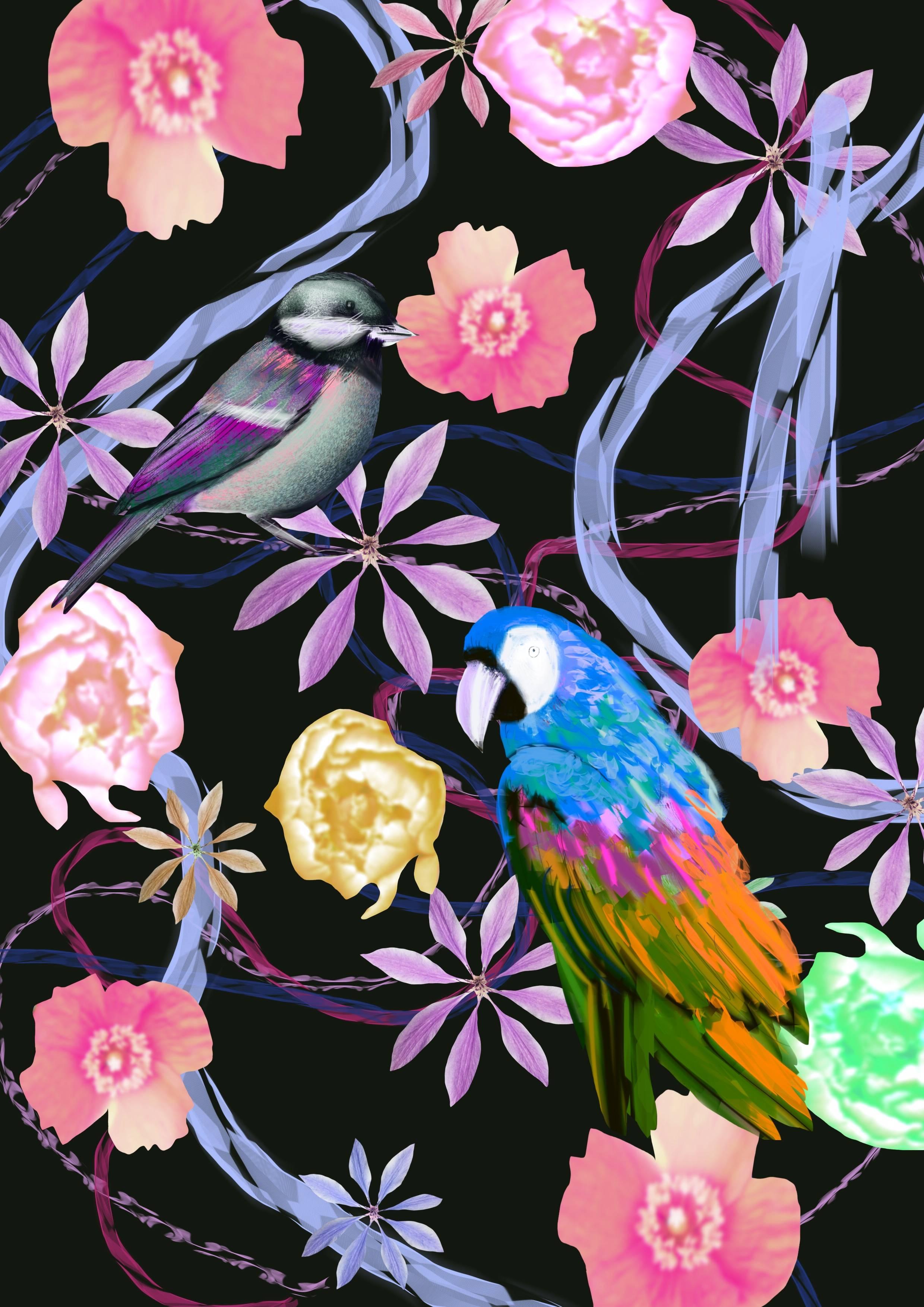 Claire Westwood Interior Print - Parrot and Finch Limited Edition of 20, Pink and Purple Tropical flowers Signed