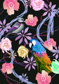 Parrot and Finch Limited Edition of 20, Pink and Purple Tropical flowers Signed