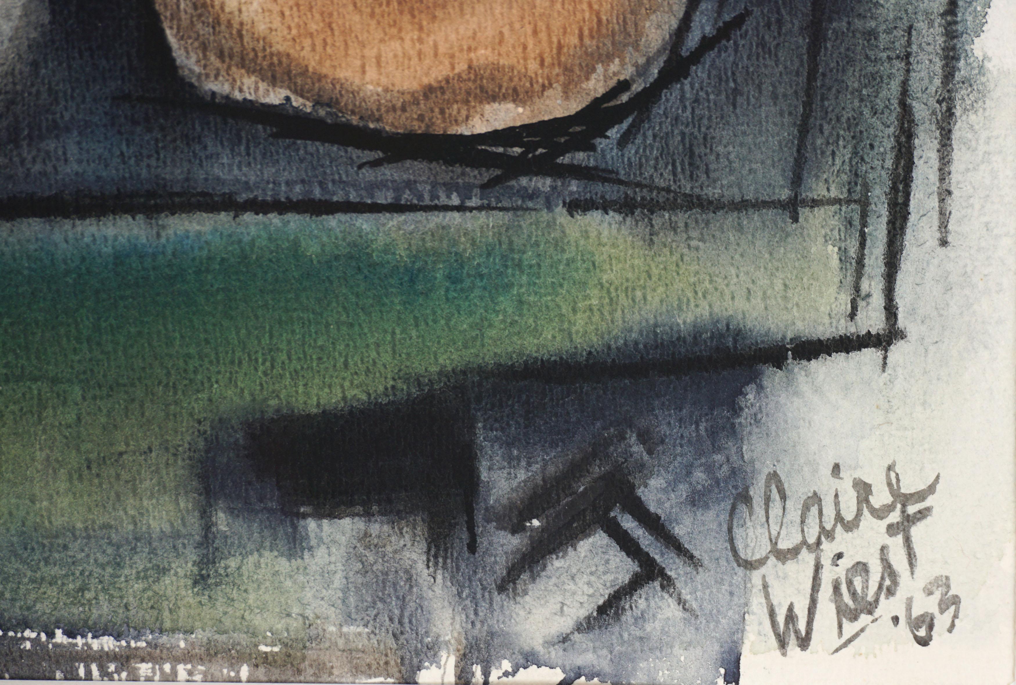 Wunderschönes abstraktes impressionistisches Aquarell der Rückseite eines Holzfäller-LKWs von Claire Wiest (Schwedin/Amerikanerin 1930 - 2014) aus der Mitte des Jahrhunderts, 1963. Signiert und datiert in der rechten unteren Ecke; Label verso.