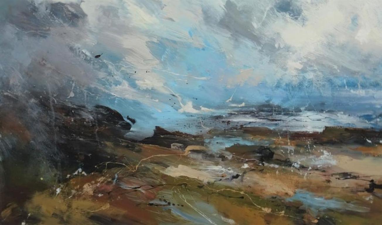 Claire Wiltsher Landscape Painting - Elements at Play - contemporary oil abstract landscape painting
