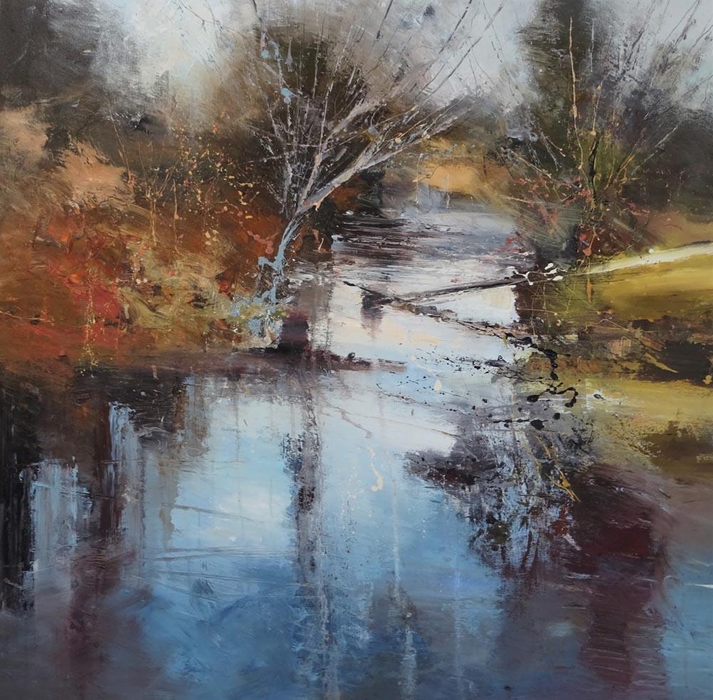 Claire Wiltsher Abstract Painting - Ice Trails 2, Landscape painting with river , Autumnal , Impressionist style