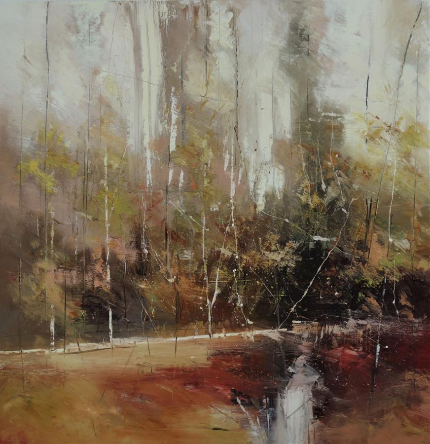 Claire Wiltsher Abstract Painting - Intimate Forest V - contemporary oil abstract landscape painting