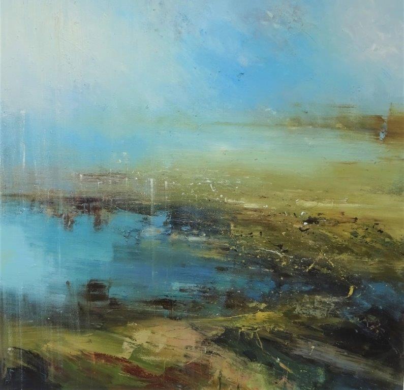 Claire Wiltsher Landscape Painting - Island Mist - contemporary abstract landscape blue seashore oil canvas