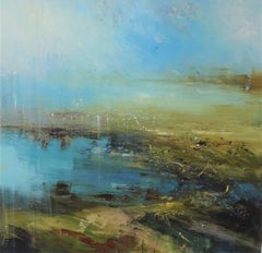 Island Mist - contemporary abstract landscape blue seashore oil canvas